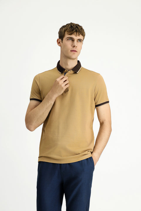 Orta Bej Polo Yaka Regular Fit Desenli Pamuklu Tişört