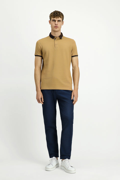 Orta Bej Polo Yaka Regular Fit Desenli Pamuklu Tişört