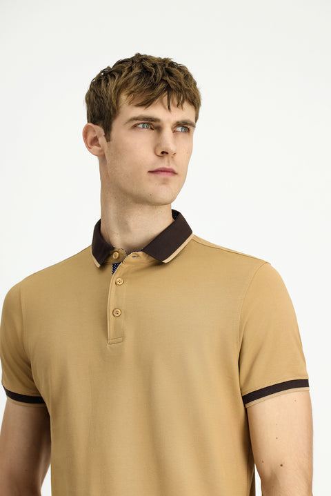 Orta Bej Polo Yaka Regular Fit Desenli Pamuklu Tişört