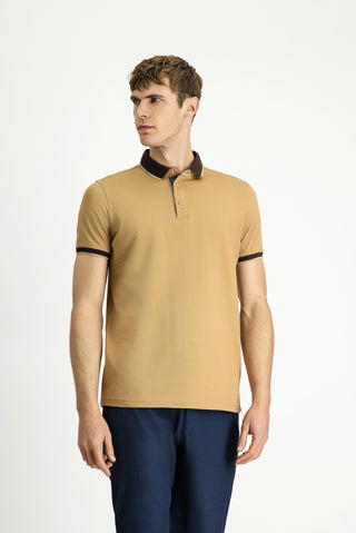  Orta Bej Polo Yaka Regular Fit Desenli Pamuklu Tişört