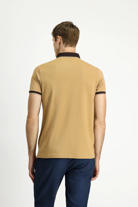 Orta Bej Polo Yaka Regular Fit Desenli Pamuklu Tişört