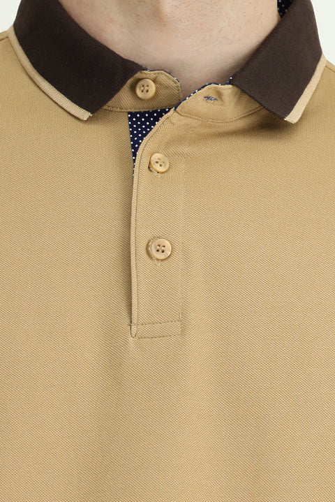 Orta Bej Polo Yaka Regular Fit Desenli Pamuklu Tişört