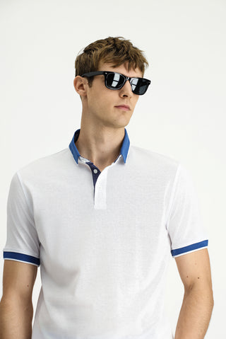  Beyaz Polo Yaka Regular Fit Desenli Pamuklu Tişört