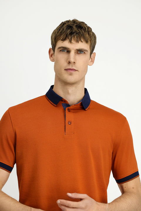 Kiremit Polo Yaka Regular Fit Desenli Pamuklu Tişört