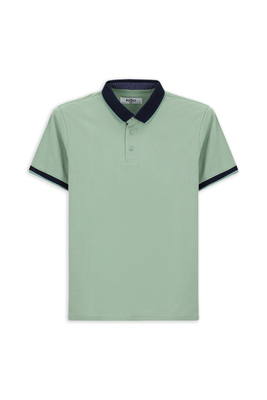Çağla Yeşili Polo Yaka Regular Fit Desenli Pamuklu Tişört