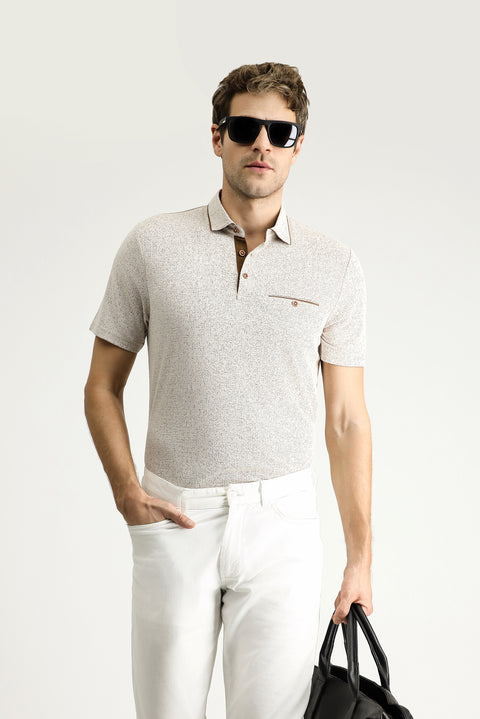 Açık Bej Polo Yaka Regular Fit Desenli Tişört
