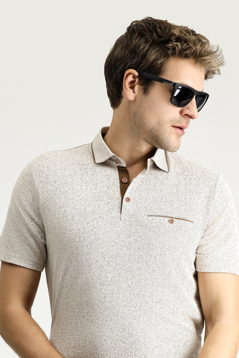 Açık Bej Polo Yaka Regular Fit Desenli Tişört