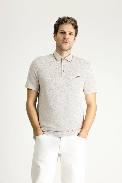 Açık Bej Polo Yaka Regular Fit Desenli Tişört
