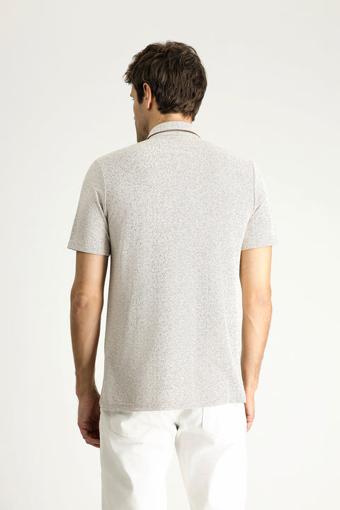 Açık Bej Polo Yaka Regular Fit Desenli Tişört