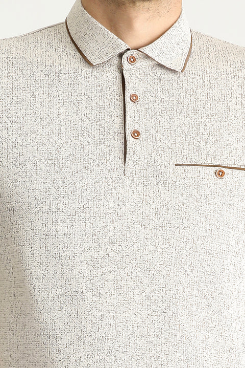 Açık Bej Polo Yaka Regular Fit Desenli Tişört