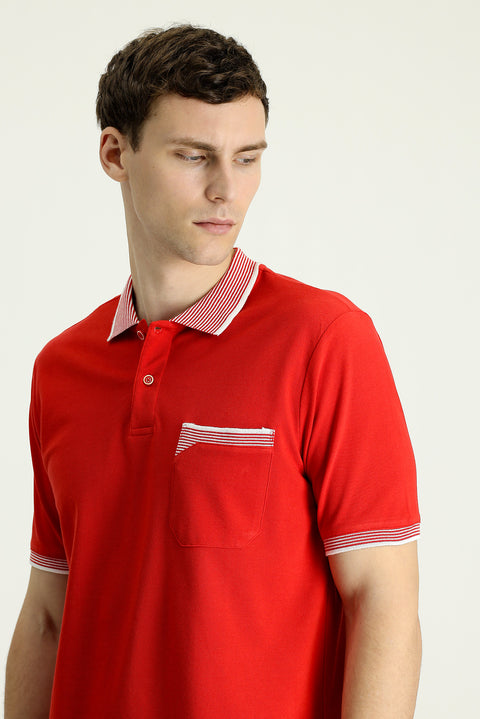 Bayrak Kırmızı Polo Yaka Regular Fit Desenli Pamuk Tişört