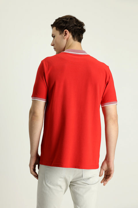 Bayrak Kırmızı Polo Yaka Regular Fit Desenli Pamuk Tişört