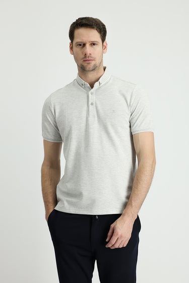 Açık Gri Polo Yaka Regular Fit Desenli Pamuklu Tişört
