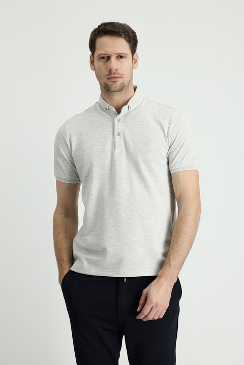 Açık Gri Polo Yaka Regular Fit Desenli Pamuklu Tişört