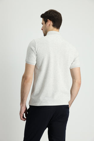  Açık Gri Polo Yaka Regular Fit Desenli Pamuklu Tişört