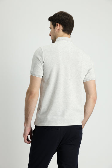 Açık Gri Polo Yaka Regular Fit Desenli Pamuklu Tişört