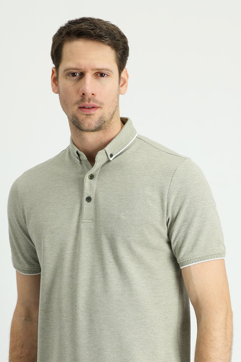 Orta Haki Polo Yaka Regular Fit Desenli Pamuklu Tişört