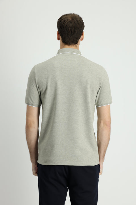 Orta Haki Polo Yaka Regular Fit Desenli Pamuklu Tişört