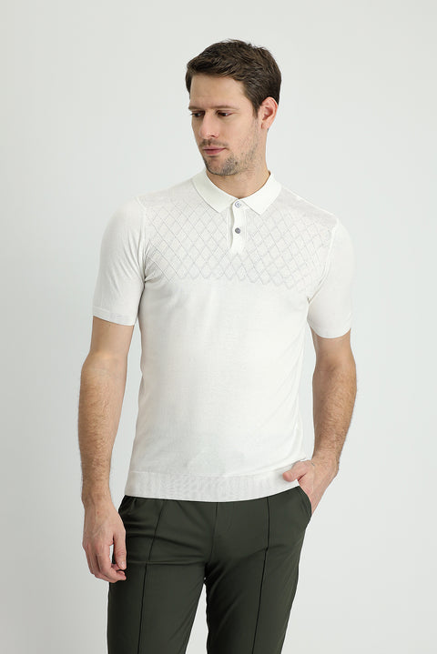 Kırık Beyaz Polo Yaka Regular Fit Desenli Pamuklu Tişört