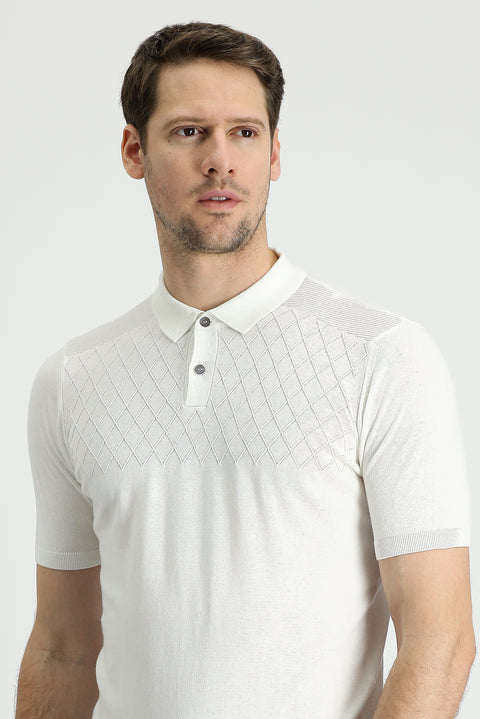 Kırık Beyaz Polo Yaka Regular Fit Desenli Pamuklu Tişört
