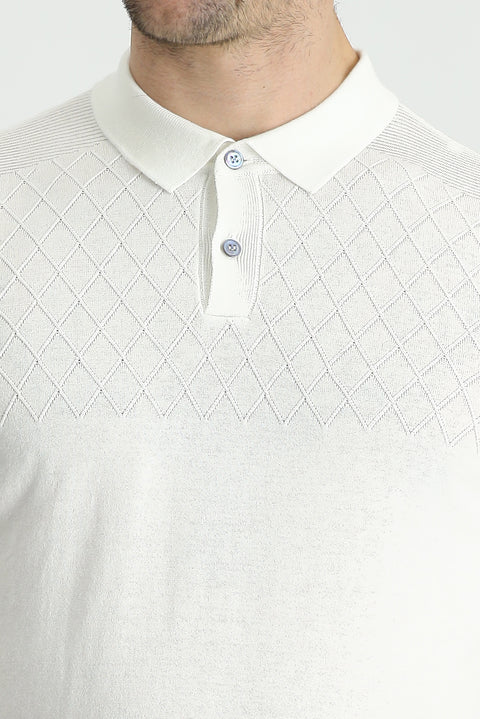 Kırık Beyaz Polo Yaka Regular Fit Desenli Pamuklu Tişört