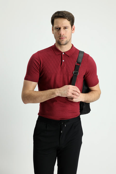Şarap Bordo Polo Yaka Regular Fit Desenli Tişört