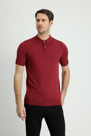  Şarap Bordo Polo Yaka Regular Fit Desenli Tişört