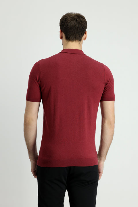 Şarap Bordo Polo Yaka Regular Fit Desenli Tişört