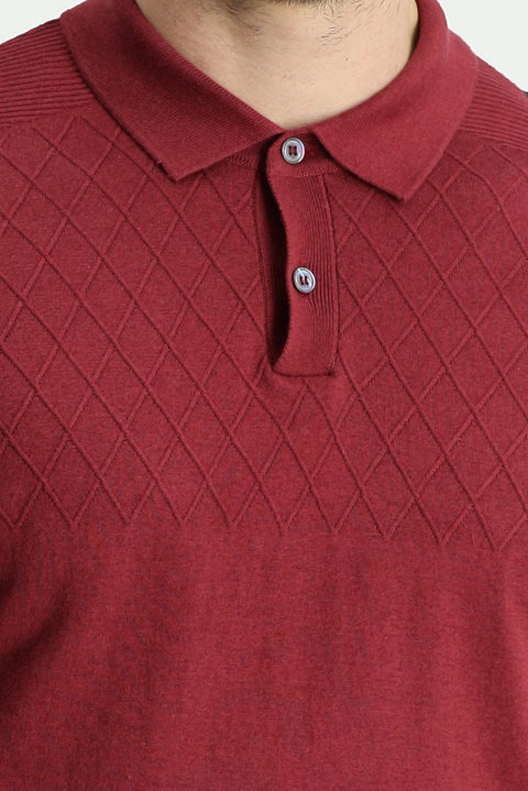 Şarap Bordo Polo Yaka Regular Fit Desenli Tişört