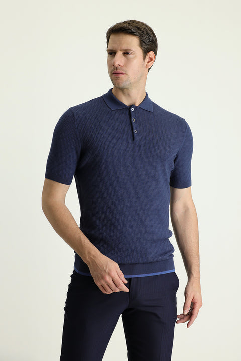 Siyah Lacivert Polo Yaka Regular Fit Desenli Pamuklu Tişört