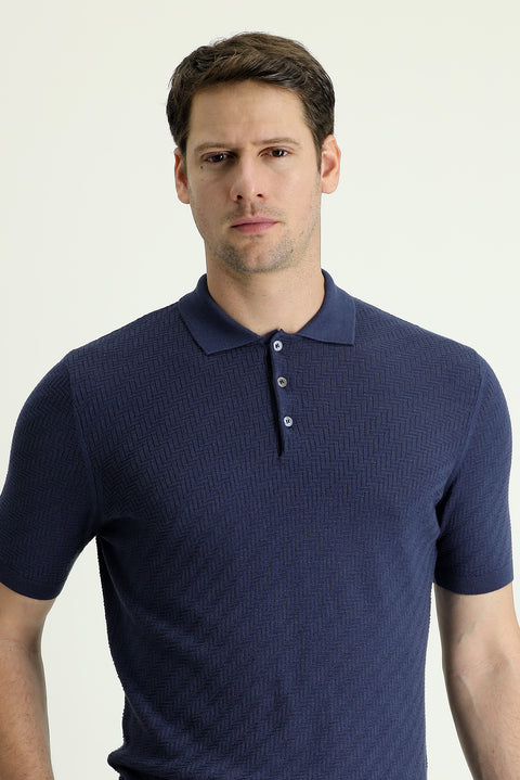 Siyah Lacivert Polo Yaka Regular Fit Desenli Pamuklu Tişört