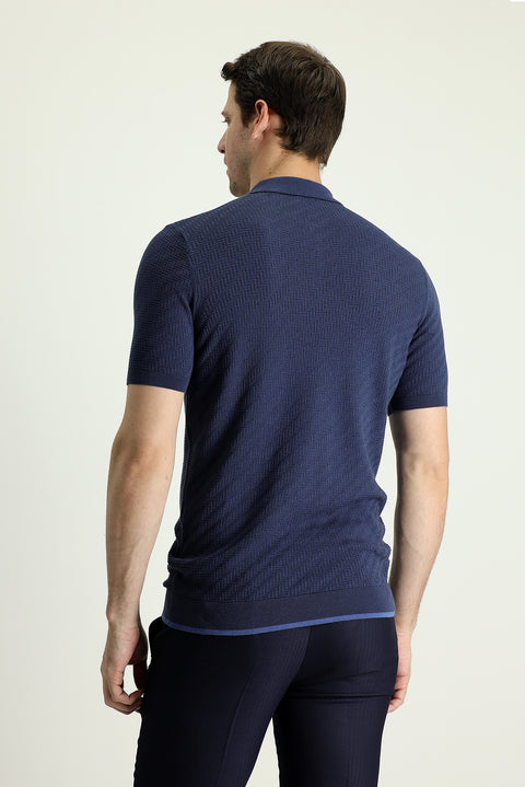 Siyah Lacivert Polo Yaka Regular Fit Desenli Pamuklu Tişört