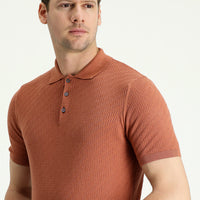 Kiremit Polo Yaka Regular Fit Desenli Pamuklu Tişört