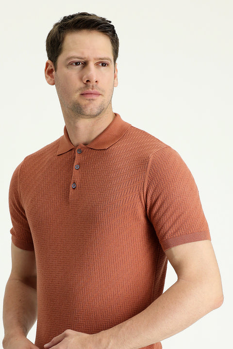 Kiremit Polo Yaka Regular Fit Desenli Pamuklu Tişört