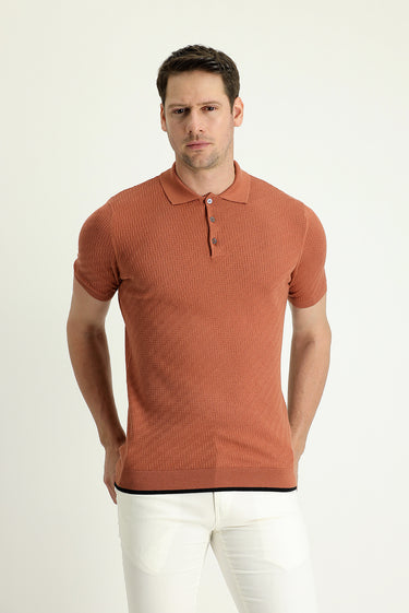  Kiremit Polo Yaka Regular Fit Desenli Pamuklu Tişört