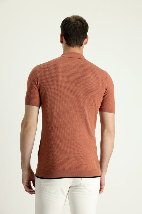 Kiremit Polo Yaka Regular Fit Desenli Pamuklu Tişört