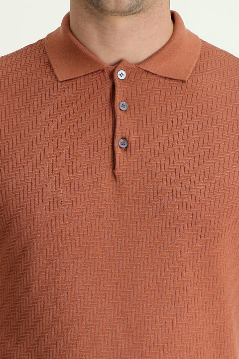 Kiremit Polo Yaka Regular Fit Desenli Pamuklu Tişört