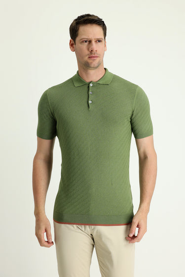 Yağ Yeşili-Olive Polo Yaka Regular Fit Desenli Tişört