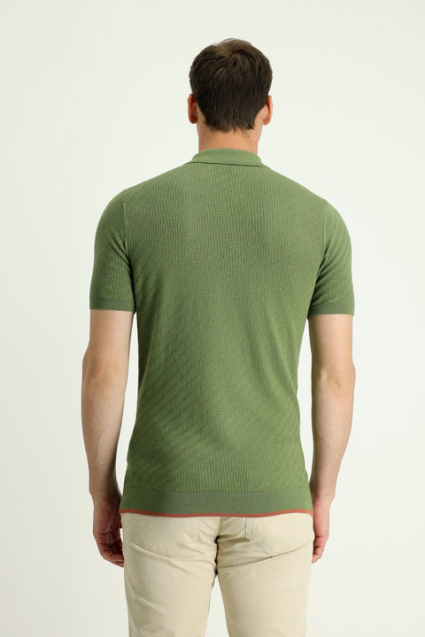 Yağ Yeşili-Olive Polo Yaka Regular Fit Desenli Tişört