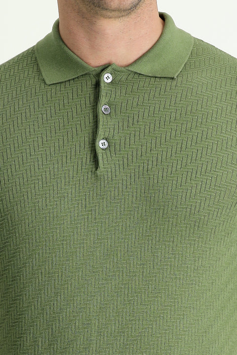 Yağ Yeşili-Olive Polo Yaka Regular Fit Desenli Tişört