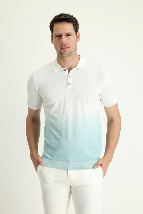 Su Yeşili Polo Yaka Regular Fit Desenli Pamuklu Tişört