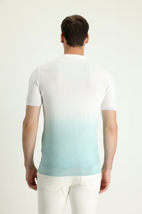 Su Yeşili Polo Yaka Regular Fit Desenli Pamuklu Tişört