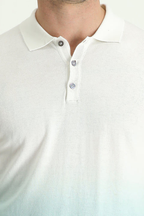 Su Yeşili Polo Yaka Regular Fit Desenli Pamuklu Tişört