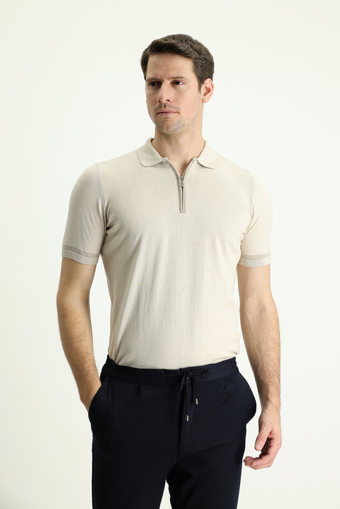 Light Beige Polo Collar Regular Fit Zip-Up Cotton T-Shirt