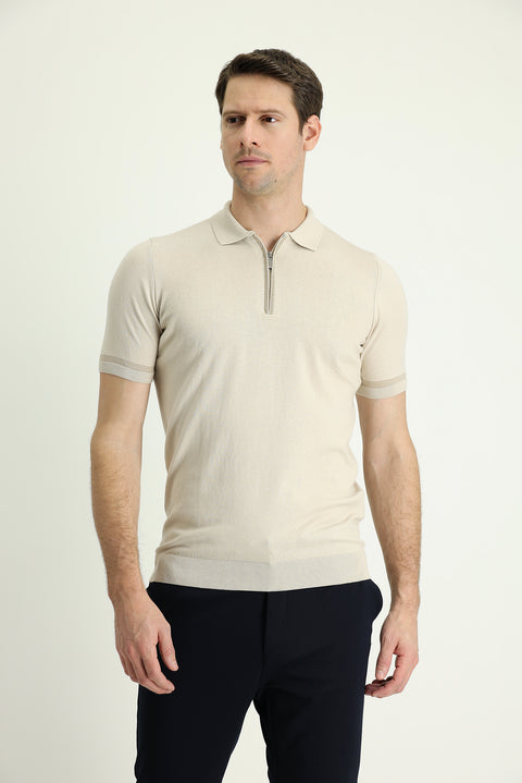Light Beige Polo Collar Regular Fit Zip-Up Cotton T-Shirt