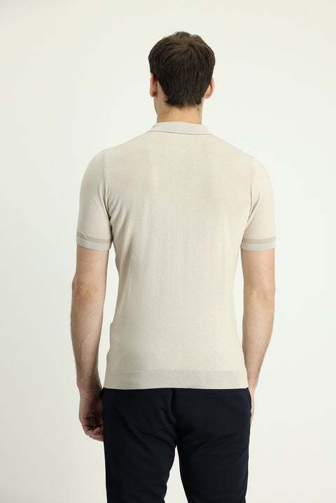 Light Beige Polo Collar Regular Fit Zip-Up Cotton T-Shirt