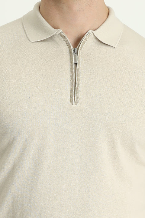 Light Beige Polo Collar Regular Fit Zip-Up Cotton T-Shirt