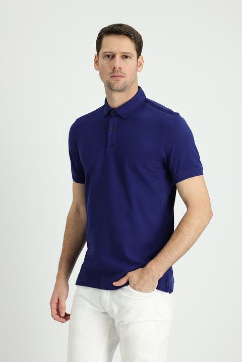 Orta Lacivert Polo Yaka Slim Fit Dar Kesim Pamuk Tişört