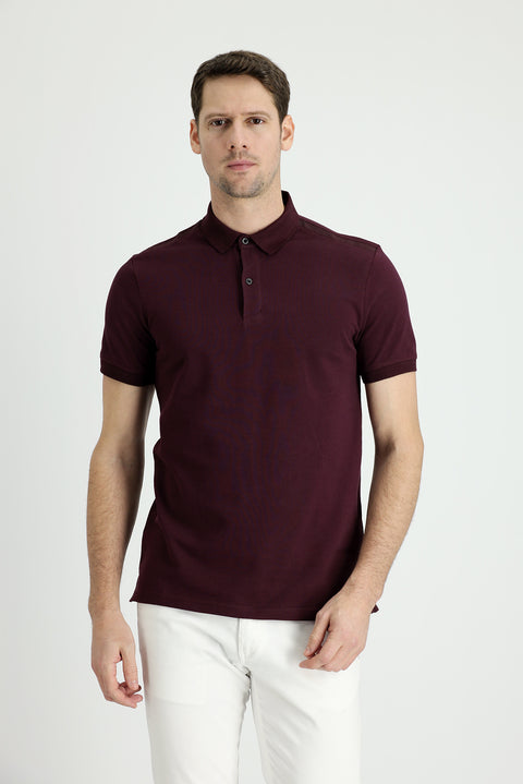 Koyu Bordo Polo Yaka Slim Fit Dar Kesim Pamuk Tişört