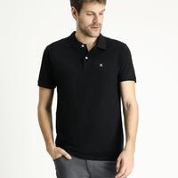 Siyah Polo Yaka Slim Fit Dar Kesim Nakışlı Pamuk Tişört